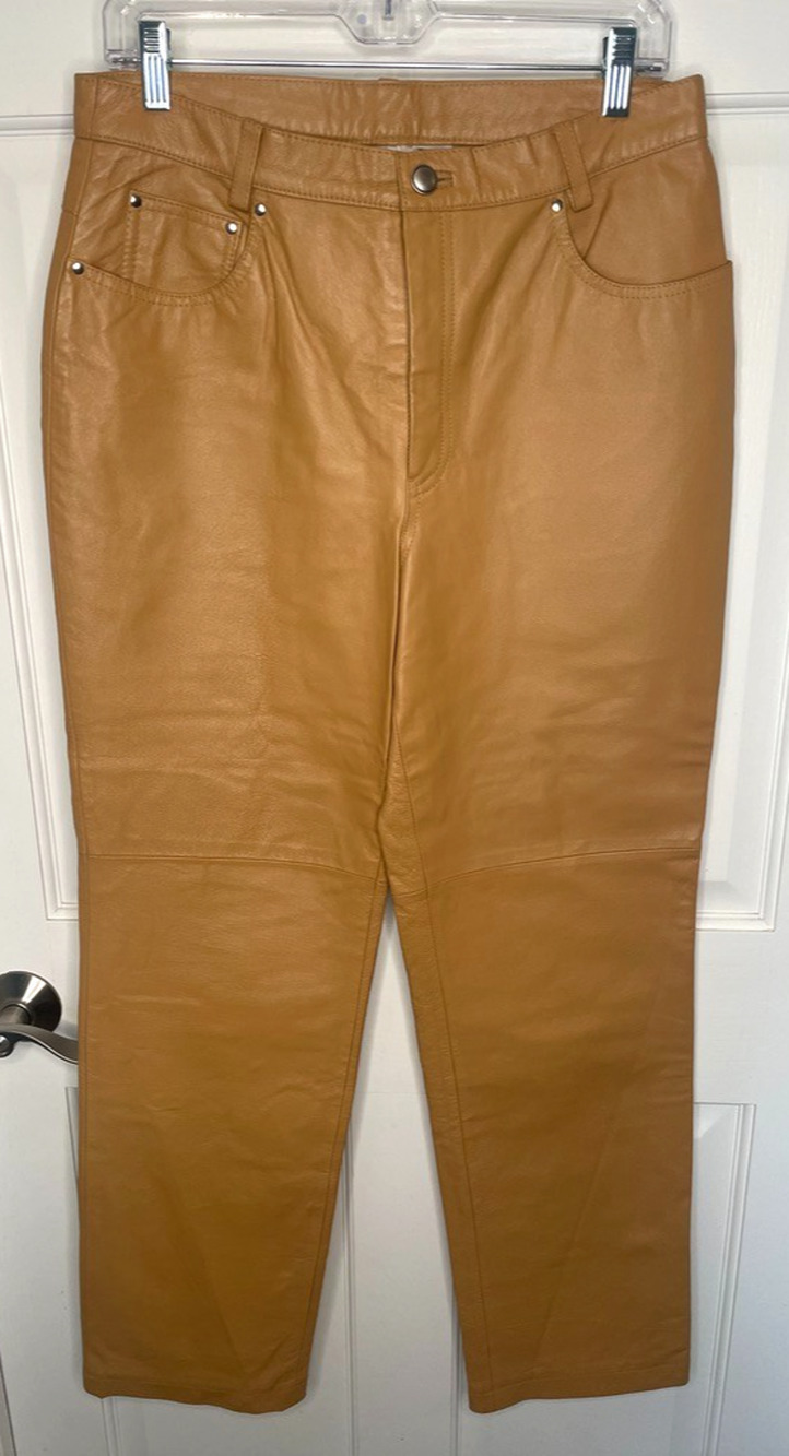Vintage Newport News Women's Leather Straight Leg Pants Sz 14 High Rise 90's Tan
